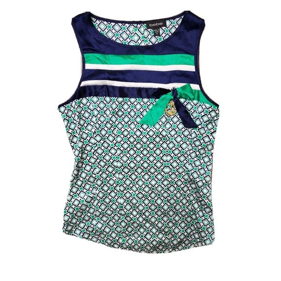 Bebe Women's Small Tank Navy Green Geometric Pattern Sleeveless Stretch Preppy - Picture 1 of 12